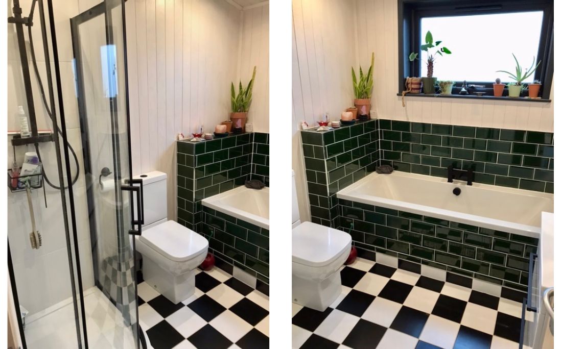 Family Bathroom with separate shower and striking black and white ceramic tiles